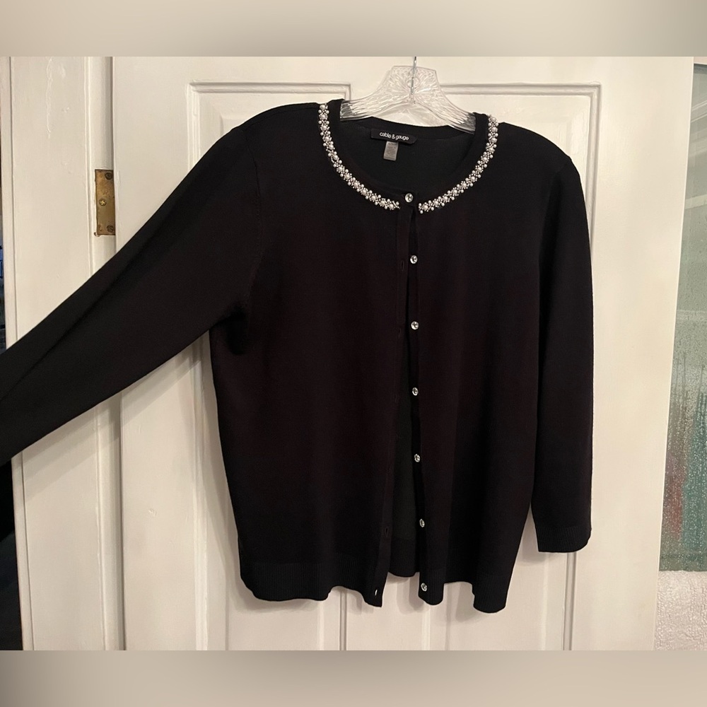 Womens Cable & Gauge Black Cardigan Sweater XL Beaded Neckline 3/4 sleeve wow!